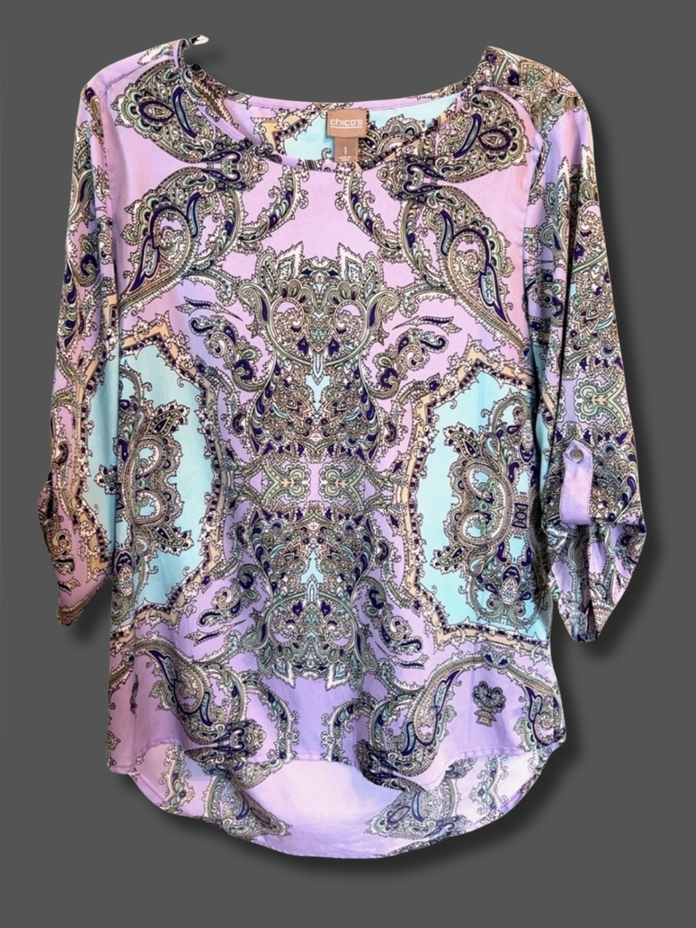 Chico’s Size 1 M Paisley Tunic Top Purple Blue Roll Tab Sleeve Boho